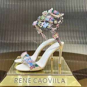 En iyi Rene Caovilla yüksek topuklu çiçek dekoratif yüksek topuk sandalları kadın moda yılan sarılı ayak bileği kayışı lüks tasarımcı düğün ayakkabıları