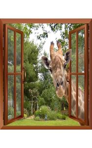 3D Efekt pencere görünümü Meraklı zürafa başını pencereye yapıştırarak sahte pencereler duvar çıkartmaları çıkarılabilir duvar çıkartması 2012032606822