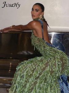 Jusahy Womens y2k uzun elbise, yeşil zarif içi boş çıkartma işleri dantelli tatil sırtsız moda elbise 240430
