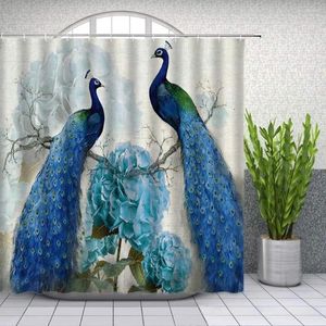 Duş Perdeleri Tavuskuşu Mavi Güzel Kuş Çiçek Bitki Suluboya Baskı Banyo Perde Küvet Dekor Polyester Kumaş