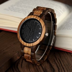 Atacado- Bobo Bird D30 ROUNTE Vintage Zebra Wood Case Men Watch With Ebony Bamboo Wood Face com Zebra Bamboo Wood Strap Japanese Move 255U