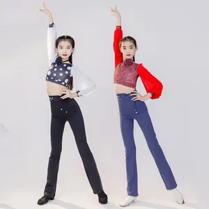 Sahne Giyim Kızlar Latin Dans Takım Uzun Kollu Dot Desen Benzersiz Tasarım Üst Siyah İnce Pantolon Uygulama Rekabet Kostümü JL5978