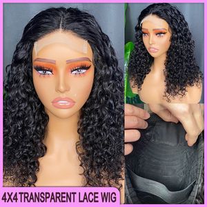 Großhandel Grade 12A 10A malaysische indische brasilianische natürliche Farbe Deep Wave 4x4 transparente Spitzenverschluss Perücke 14 Zoll 100% Rohes jungfräuliches menschliches Haar JUS-04