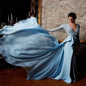 Sky Blue Pérolas Zuhair Murad Dress Design Apliques de renda de chiffon Excesso de bote de noite vestidos de baile de mangas compridas