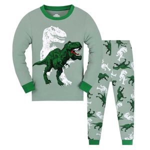Pijama Çocuk Pijamaları T-Rex Dinozor Desenli Uzun Kollu Üst ve Pantolon Set Rahat Rahat PJ Set Boys Lounge Setl2405