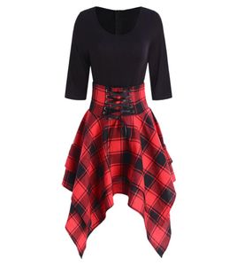 Kenancy dantel yukarı tartan asimetrik elbise yarım kollu yuvarlak boyun kontrol ekose kadınlar vintage elbise 60s rockabilly parti vestidos44777714