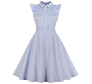 Kenancy 1960'lar Audrey Hepburn Swing rockabilly vintage elbise artı beden mavi şerit baskısı ruffles retro elbise parti vestidos 4xl y199192688