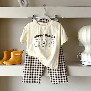 İnce Sarı Kahverengi Ekose Çocuk Pijamalar Bebek Erkek Kız için Set 1 - 2 3 4 5 6 7 8 9 10 11 12 Yıllık Sade Çocuk Giysileri Homewear 240506