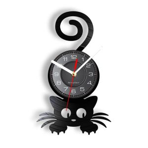Saatler Çılgın Kedi Lady Duvar Sanat Siluet Kedi Kedi Kedisi Komik Kuyruk Ev Dekor Duvar Saati Siyah Kitty Vinil Kayıt Saat Kedi Evcil Pet Aşağı