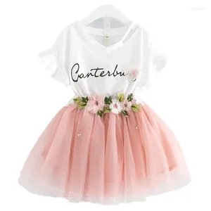 Giyim Setleri 2024 V-Neck T-Shirt Çiçek Mesh Tutu Etek Kızlar Çocuk Partisi Prenses Kostüm Bebek Çocuk Takımları 2-7y
