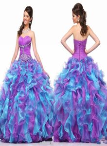 Colorfull Sweet 16 Quinceanera Elbiseler 2018 Boncuklu Sapalar Balo Elbise Organza Vestidos De Longo Mor ve Mavi Resmi Parti G2056086