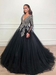 Gotik Siyah Gelinlik Boncuklu Üst Derin V Yastık Uzun Kollu Bir Çizgi Tül Gelinlik Süpürme Tren Glitter Resepsiyon Elbisesi 2024 Vestido de Novia
