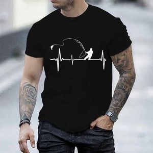 Erkekler Tişörtler Tişörtler Erkekler için T-Shirts Fishing Balıkçı Kalp atışı Nabız Baskı Gömlek Komik Kısa Slve Tişörtleri Yaz Üstleri T Mens T Shirt Erkek Giysileri T240506