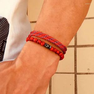 Strand trendy 2pcs erkekler bilezik seti el yapımı ayarlanabilir paracord braslet şanslı kırmızı turkuaz taş bilek meditasyonu onyx boncuklu joias