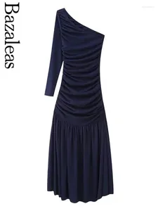 Sıradan Elbiseler 2024 Bazaleas Mağazası Resmi Donanma Asimetrik Uzun Kollu Kadın Elbisesi Zarif Bir Omuz Asimetrik Midi