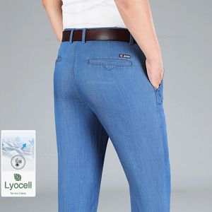 Summer ultrafino masculino Lyocell Jeans Classic Highwaist Business Drape Straight Noiron Denim Troushers Brand Macho Pants 240430