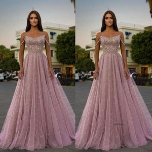 Pembe A-Line Prom Sleeless Bileau Spagetti Kayışları Aplikler Sparkly Sequins Zemin Uzunluğu Ünlü Gece Elbiseleri Gelin Gowns Artı Boyut Özel Yapımı 0431