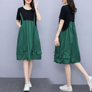 M-4xl moda kadınlar yaz artı boyutu gevşek bir ekleme yuvarlak yakalı kısa kollu orta uzunlukta doğum elbisesi patchwork 2024 yeni Kore tarzı