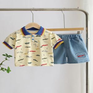 Наборы одежды 2pcs /Fashion S Summer 2024 Cartoon Cars Пикапы детская рубашка простые джинсы /мальчики