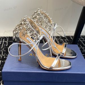 Aquazzura püskülükler kristal kolye sandalet stiletto topuklu kadın lüks tasarımcılar sandal orijinal deri dış taban akşam parti ayakkabı kutu ile