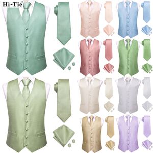 Hitie katı ipek erkek takım elbise yelekleri 4pc adaçayı yeşil yelek kravat cep karesi kolklinler iş gelinlik bel ceketi 240507