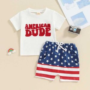 Giyim setleri 4 Temmuz Bebek Erkek Boy Kıyafet Kısa Kollu Nakış Amerikan Bayrak T-Shirt Top Şort Seti Toddler Yaz Kıyafetleri H240508