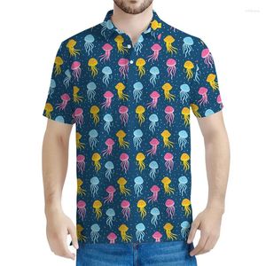Мужские полосы милая медуза графические рубашки поло, мужчина 3D печать мультфильм морская футболка для животных мода мода мода свободная футболка лацкала короткие рукава