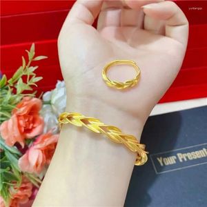 Charm Bilezik Kaplamalı 24K Gerçek Altın 18K Antik Stil Buğday Bilezik Desen Twist Bangle Kadın Şerit Rulo Yüzük Takı Seti