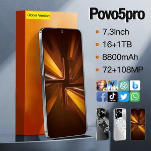 2024 POVO5PRO Android Akıllı Global İngilizce Telefon 7.3 inç ekran 8800 MAH Büyük Pil Desteği Çift Telefon Kartı Android 13 OTG Yüz Dokunma Kilit Açma Ucuz Yeni I14 I15 Pro Max