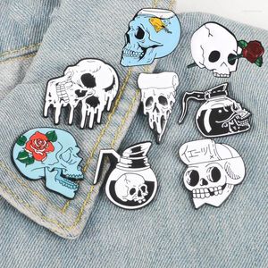 Broschen Schädelstifte Rose Blumen Krieger Emaille Abzeichen Kaffee Blume Pizza Skelett Lapel Pin Punk Halloween Geschenk