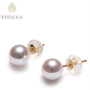 Stud Visicen Au750 Kadın Hediyeleri için Uygun Saf Altın Küpeler Zarif Orijinal Takı Gerçek 18K 7-8mm Doğal İnci Moda Q240507