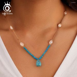 Catene di gioielli ORSA Collana turchese con perle naturali vintage una catena del collo di girocollo in argento in argento 925 in argento per donne MPN02