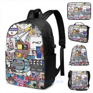 Backpack Funny Graphic Print BL Sticker bombardeado USB Charge Men Bags Escola Laptop de Viagem para Mulheres Viagem