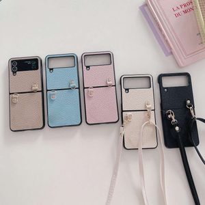 Samsung flip5 telefon için uygun 4 deri kasa, şık lychee crossbody flip3 katlanır makine koruması, yeni model