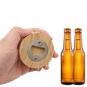 Paslanmaz çelik ahşap yuvarlak açıcılar Coaster Buzdolabı Buzdolabı Mıknatıs Dekorasyonu Kişiselleştirilmiş Pürüzsüz Soda Bira Kırmızı Şarap Kapağı Şişe Kavan Bar Araçları İçebilir Hediyeler