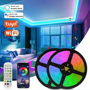 RGB Bant Tuya Wifi Akıllı LED Strip DC 12V 5050 Şerit Alexa Ses Kontrolü Renk Değişikliği Yatak Odası Dekorasyonu 5m 20m Işık