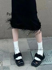 Sıradan Ayakkabı Siyah Peep Toe Sandalet Bir Kelime Kemer Kadınların Elastik Bant Kapak Topuklu Yaz Sığ Solek Bayanlar Moda