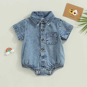 Artırıcılar Bebek Erkek Kızlar Batı Denim Bodysuit Sleeless Düğmesi Ön Büzgü Üstü Cep Yaz Kot Romper Giysileri H240508