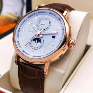 Нарученные часы Aokulasic Brand Mechanical Automatic Wind Wind Watch Watch Moon фаза 3BAR Водонепроницаемые дневные даты спортивные наручные часы подарок