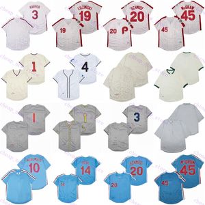 Billige Baseball -Trikots 1 Ashburn /10 Daulton /14 Rose /19 Luzinski /20 Schmidt /45 McGraw Vintage Retro grau weiß rot blau Hemdnetzgenäht