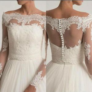 Off The Shoulder Wedding Jackets Lace Appliques Bridal Boleros Wrap Top Long Sleeve Customized Bridal Jacket 2401