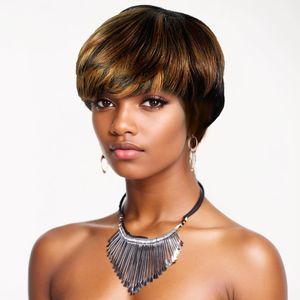 Destaque Short None Lace Front Wig 100% Humano para mulheres Pixie Hair peruca com franja Full Machine Wig