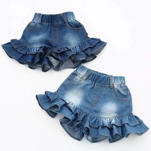 2024 Yaz Çocuk Kızlar Denim Şort fırfırlı Pileli Prenses Tutu Etekler Bebek Giysileri için 2-7 Yürüyen Toddler Kız Giysileri 240508