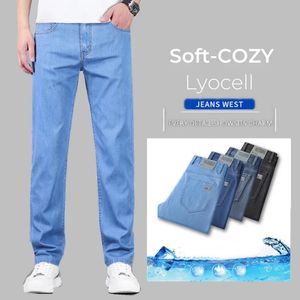 4 cores Lyocell Jeans Mens roupas finas esticadas retas de jeans casuais calças de algodão soltas masculino 240430