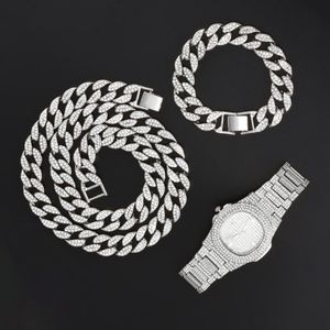 Kolye Kolyeler 15mm Kolye İzle Bilezik Hip Hop Miami Curb Küba Zinciri Altın Buzlu Döşen Rhinestones CZ Bling Rapper Erkekler için 242G