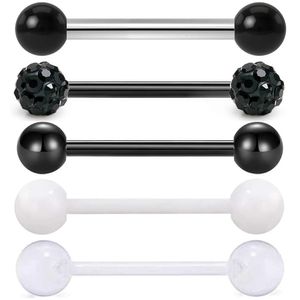 15pcs Paslanmaz Çelik Akrilik Siyah Dil Barbell Piercing Setleri 14G Beyaz Halkalar Vücut Takı 240429