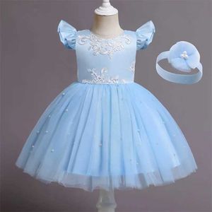 Kızın Elbiseleri Sevimli Kız Kız Tutu Elbise Nakış Dantel Çiçek Prenses Elbise 1. Doğum Günü Partisi Yeni Babi Babi Mavi Boncuk Prom Tül Giysileri