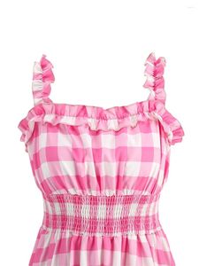 Sıradan elbiseler kadınlar vintage pembe ekose 1950'ler rockabilly elbise retro spagetti kayışı gingham audrey kokteyl salıncak