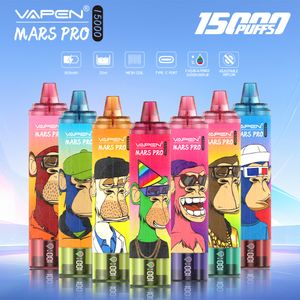 Аутентичный Vapen Mars Pro 15K 15000 Puffs Diffect Display Disosable Vape Pen E-сигареты наборы 850 мАч 25 мл Предварительно заполненные Vapes Portable Air-Flow Control Tornado 15000