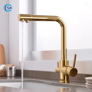 Mutfak muslukları altın saf su soğuk mikser musluk güverte monte edilmiş döndürülebilir lavabo musluk aksesuarları ev